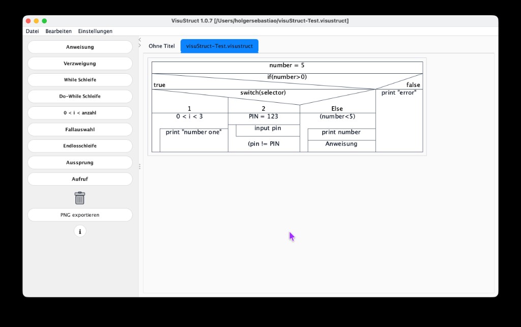 VisuStruct Java edition on the desktop: window with menus, German-labelled structure blocks (statement, branch, loops, switch), and a Nassi-Shneiderman diagram with nested control flow.