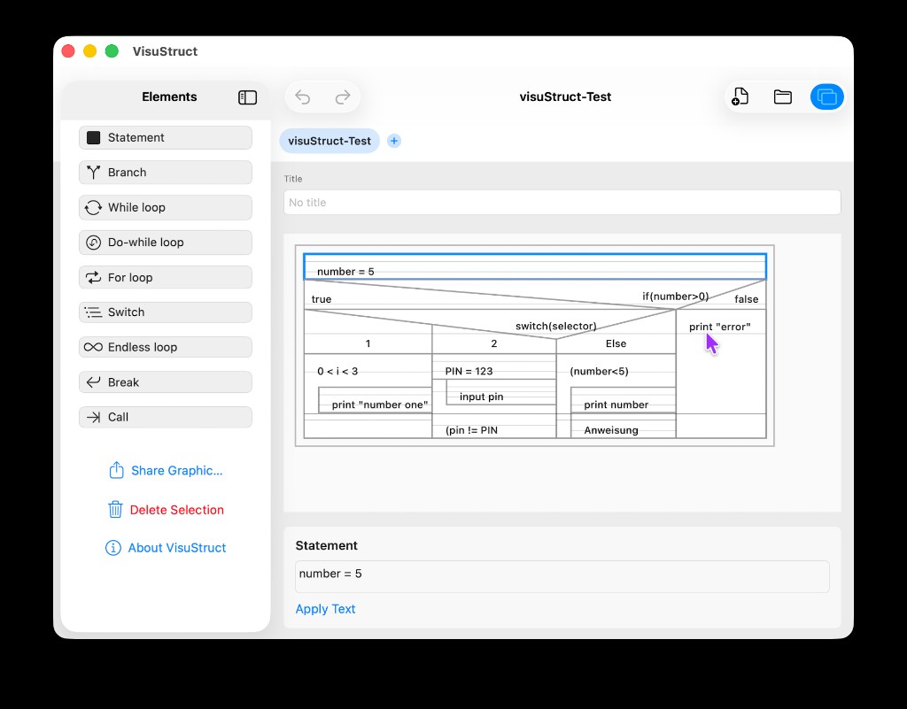 VisuStruct on Mac: main window with a Nassi-Shneiderman structogram, elements list on the left, and statement inspector at the bottom.